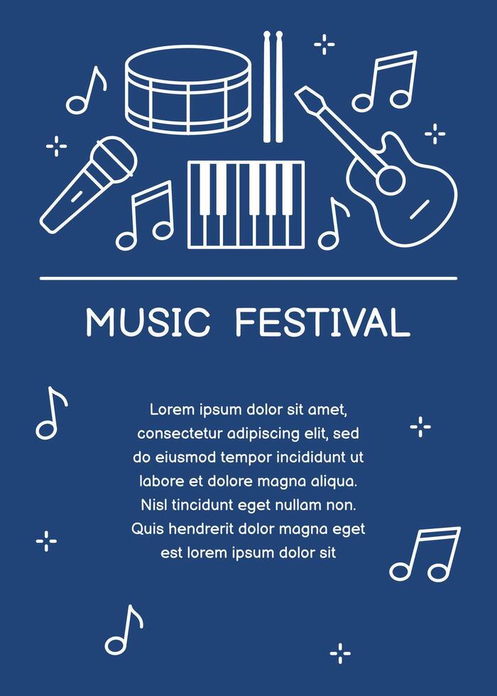 Music festival poster with outline elements on blue background. Template for banner, poster, flyer vector