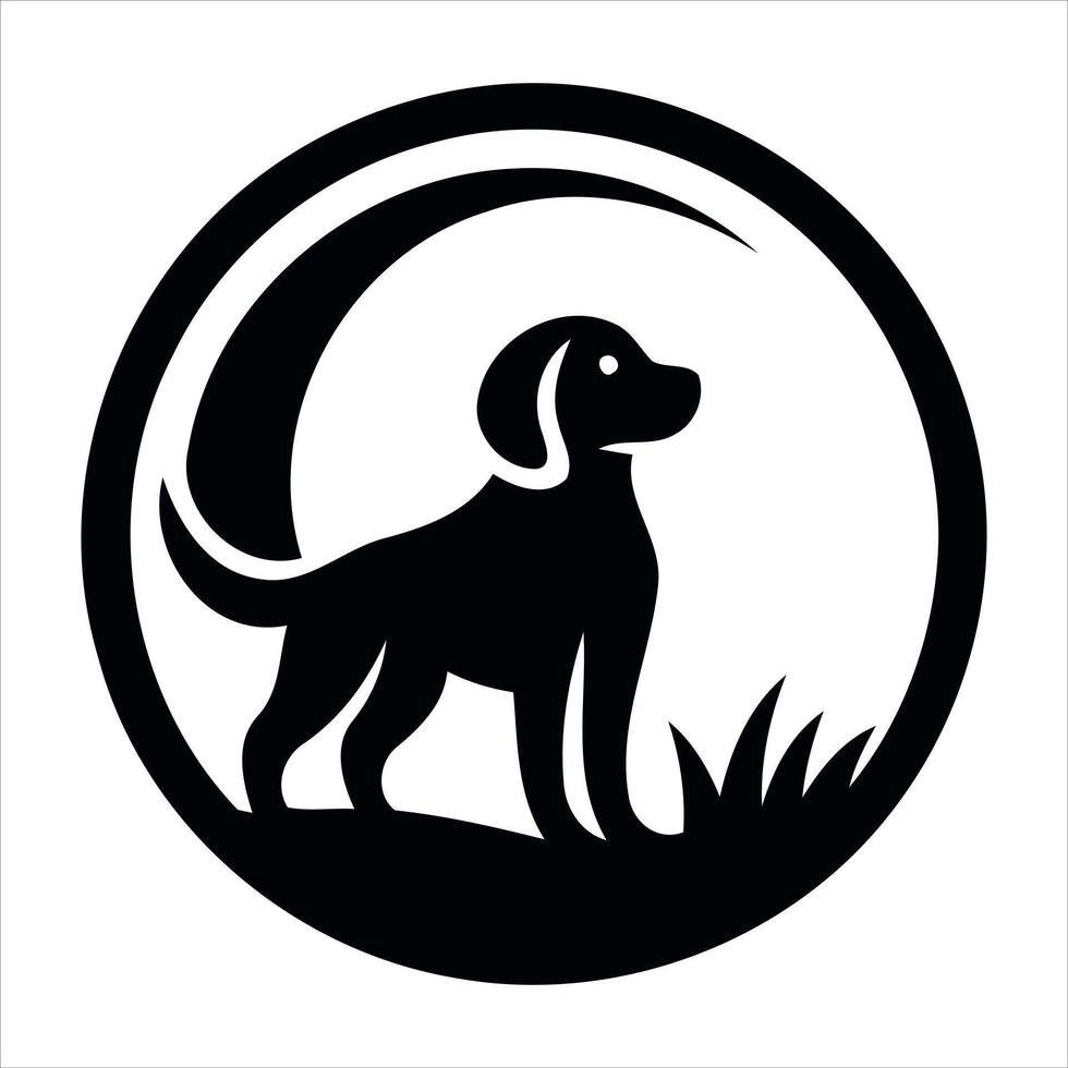 Minimalist black silhouette of a dog standing in grass inside a circle vector