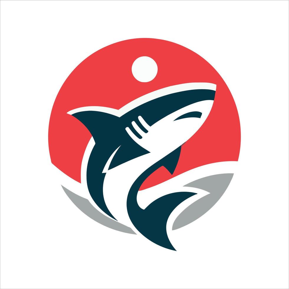 Dynamic shark leaping through waves under a red sun logo design vector