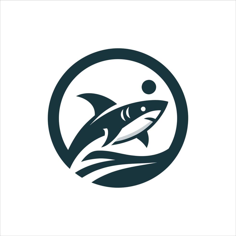 Stylized shark leaping from water with a sun in a circle logo vector