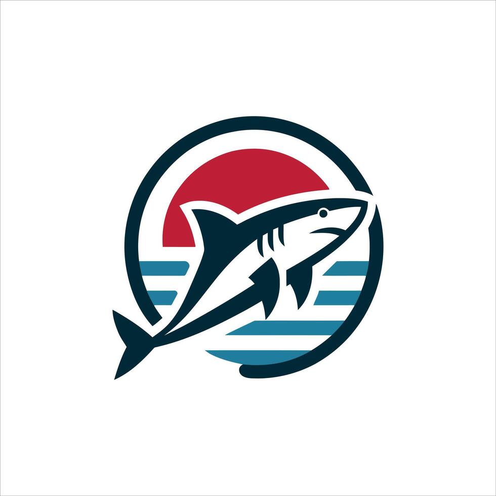 Stylized shark logo design with ocean waves and sun elements vector
