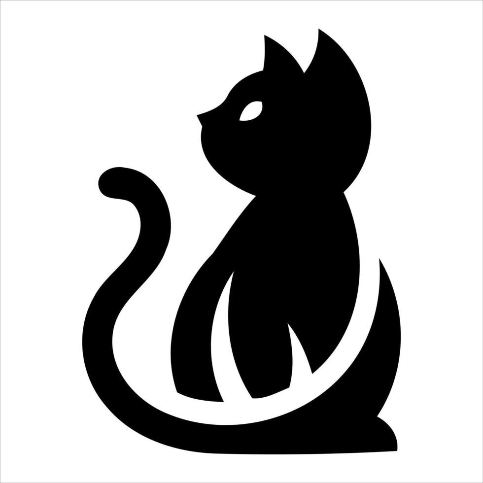 Stylized black cat silhouette sitting with curled tail and white eyes vector