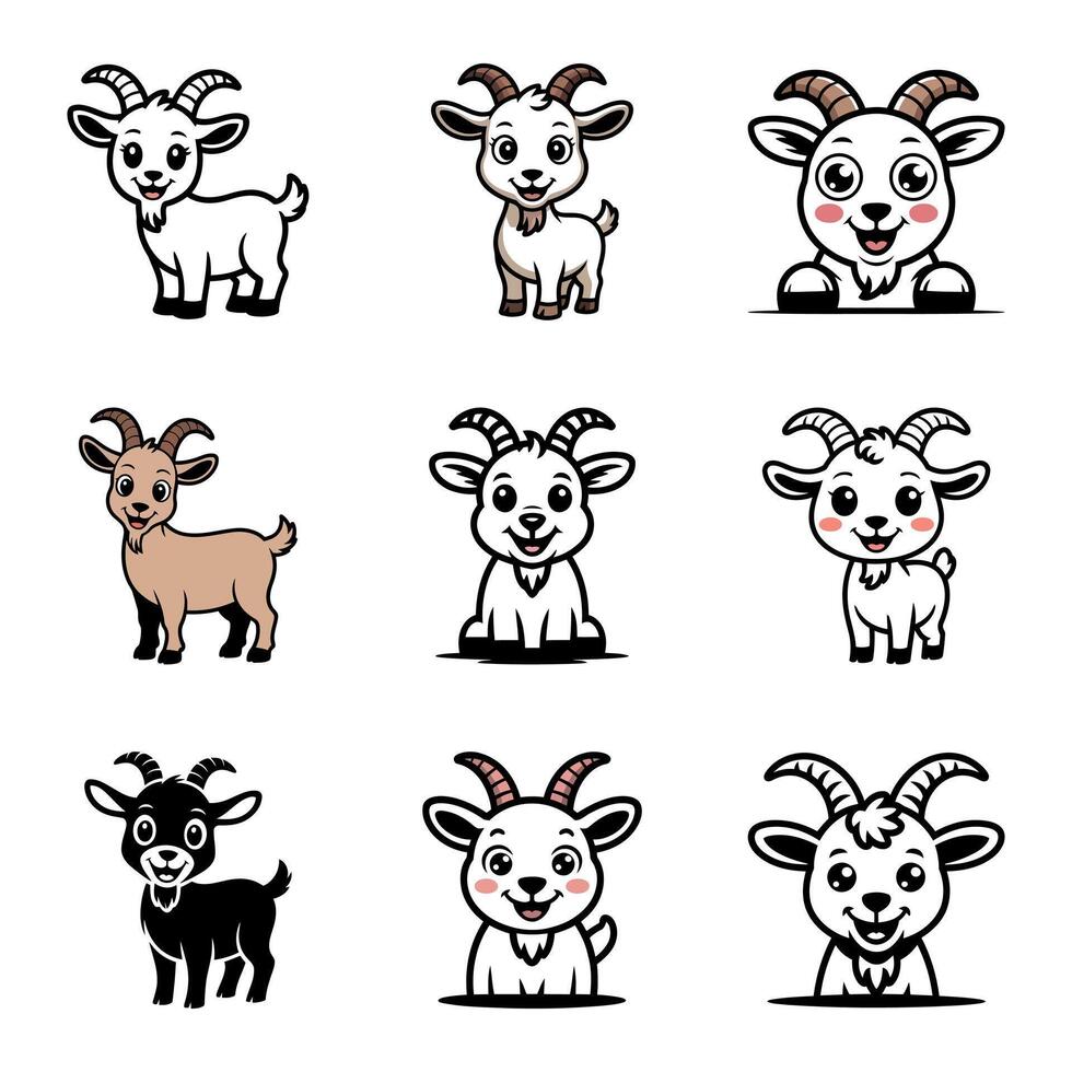Collection of adorable cartoon goats with various poses and colors vector