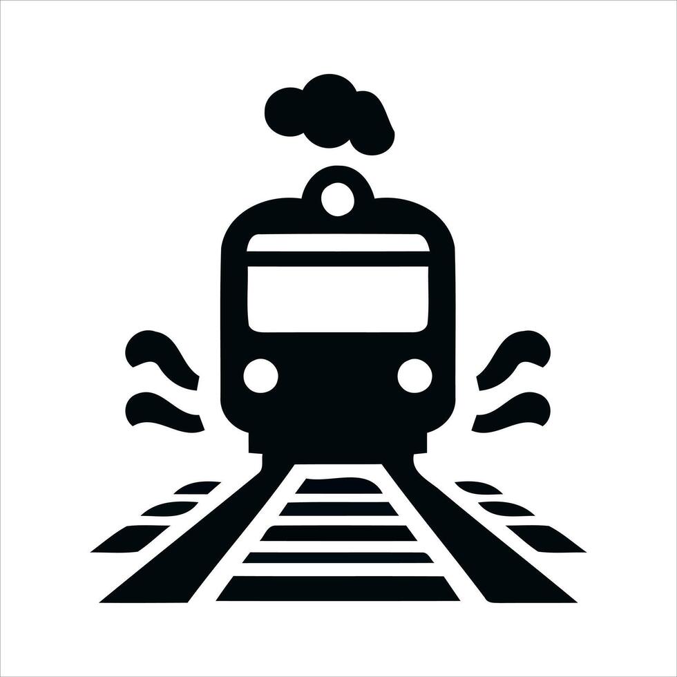 Stylized black silhouette of a train on tracks emitting smoke vector