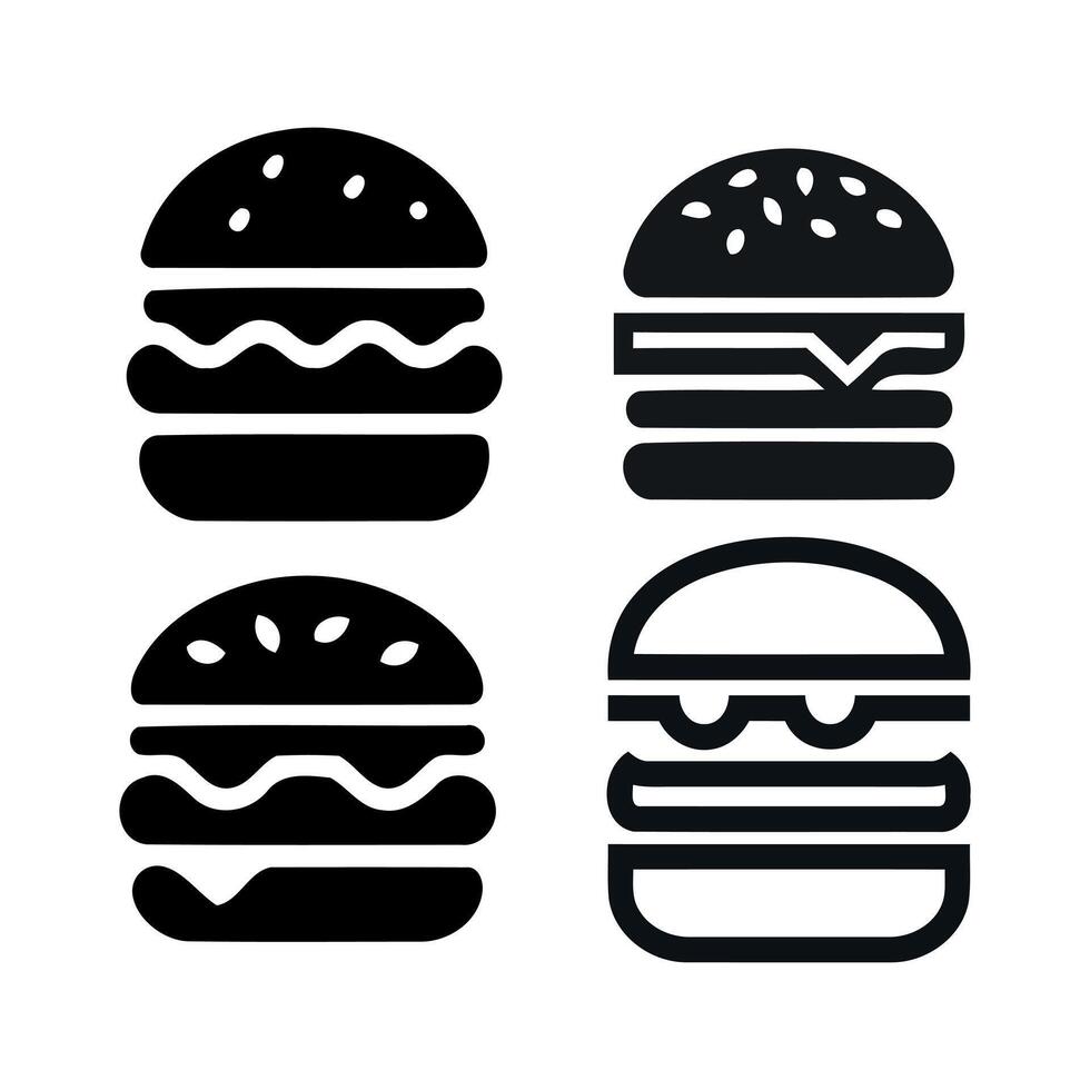Four simple black silhouette icons representing different types of burgers vector