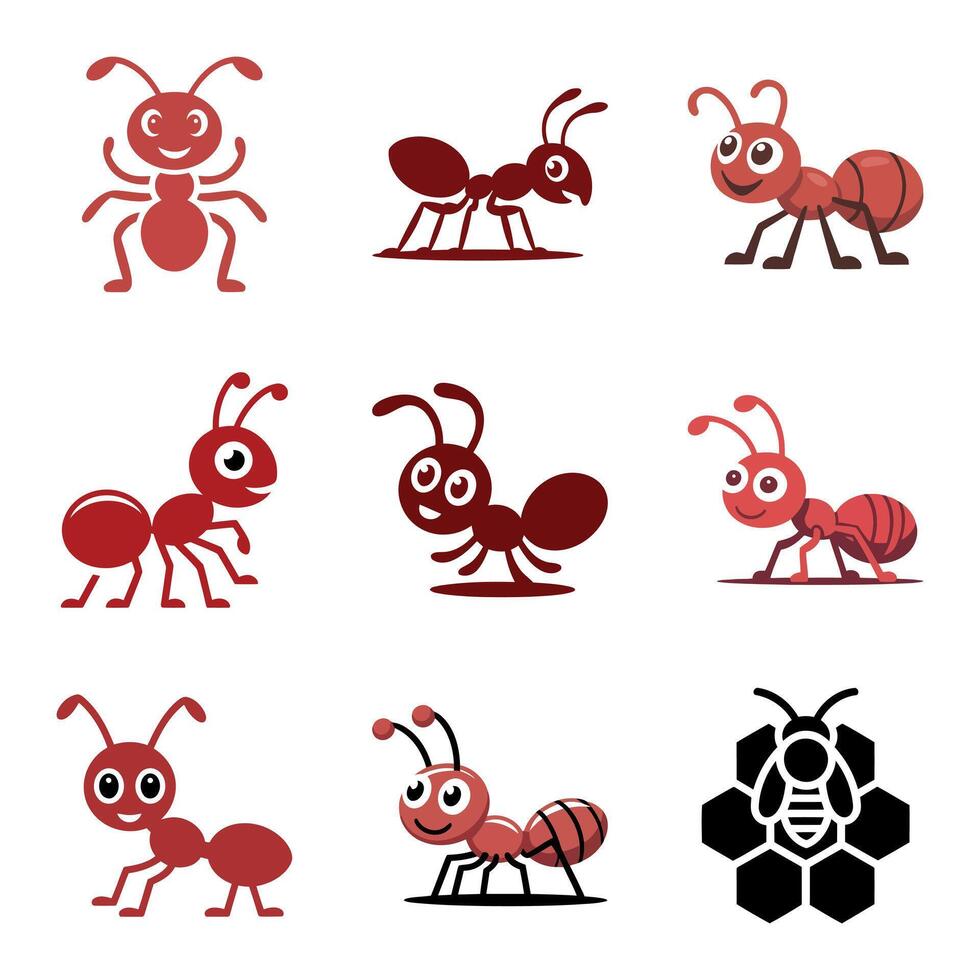 Collection of cute cartoon ants and a bee on honeycomb vector