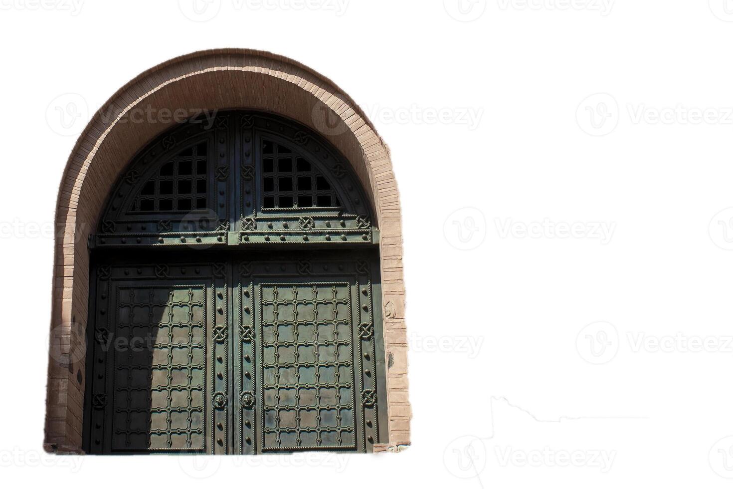 Front View of Old Medieval Wooden Castle Gates Isolated on White Background photo