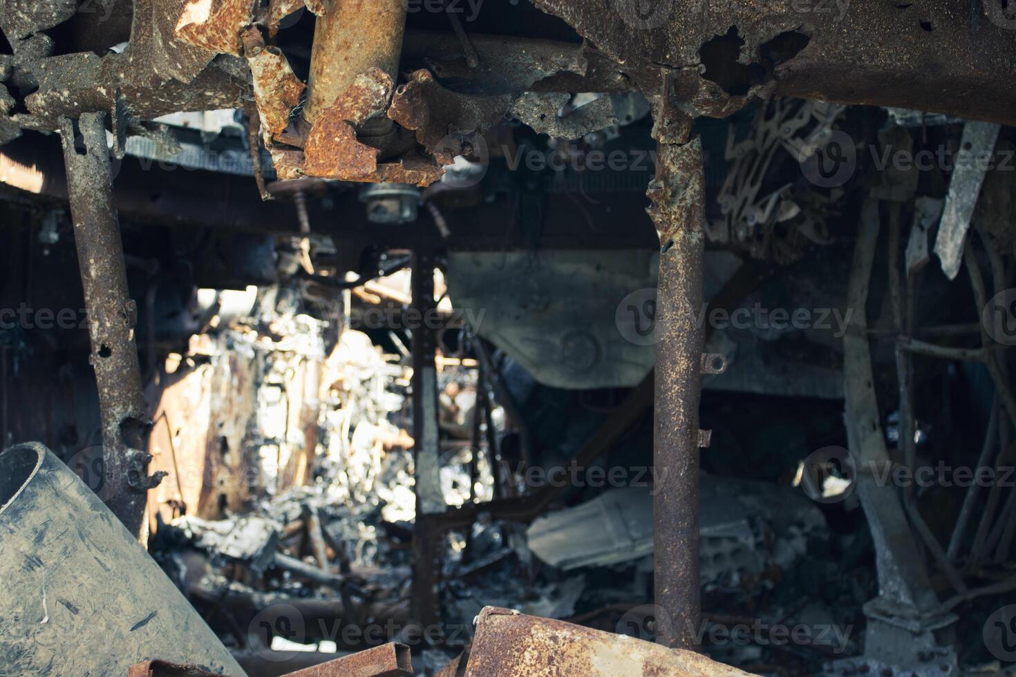 Damaged armored vehicles on display at an exhibition of destroyed Russian military equipment photo
