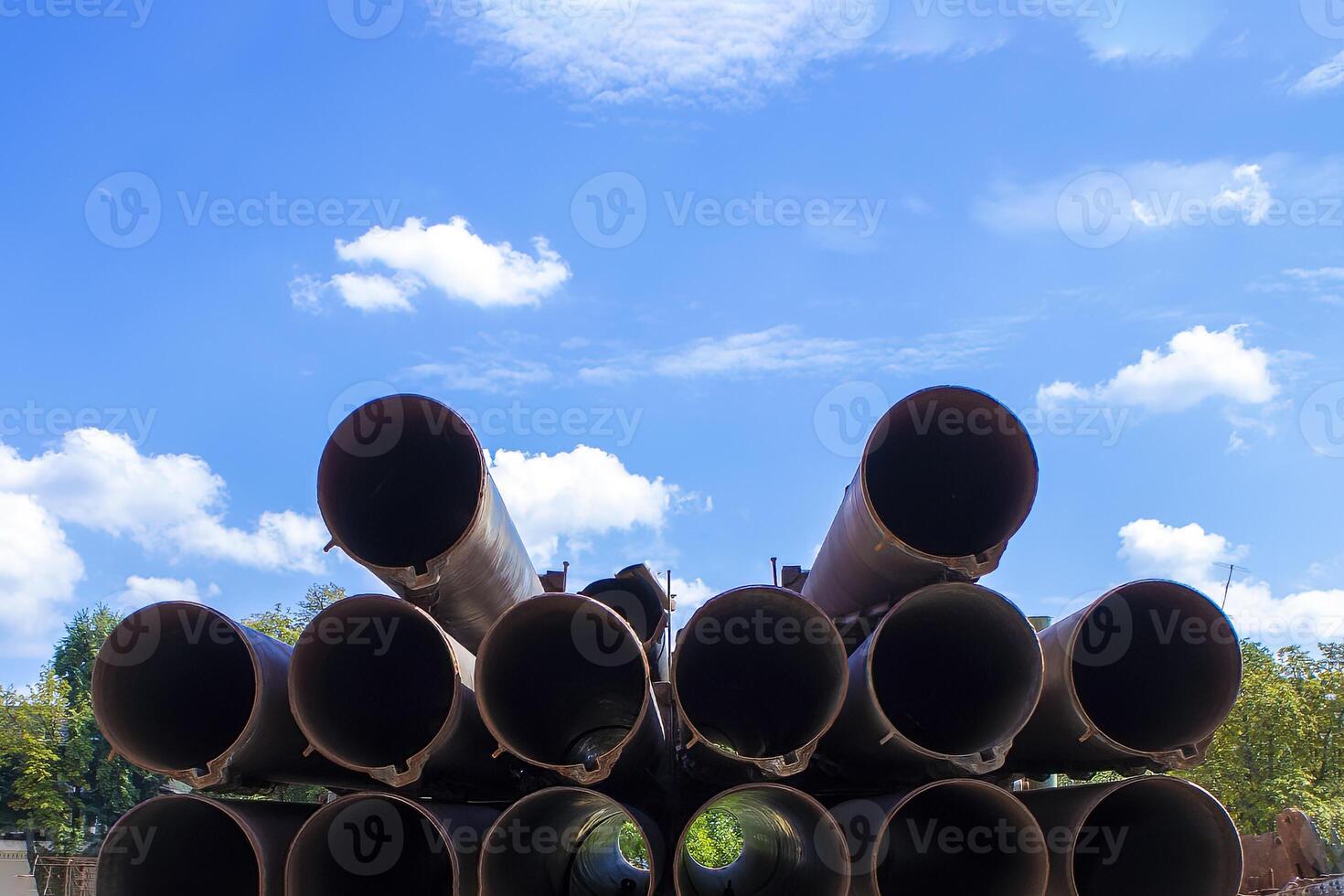 Rocket System Grad. Part of the Multiple Launch Rocket System Grad Against the Blue Sky, Military Equipment photo