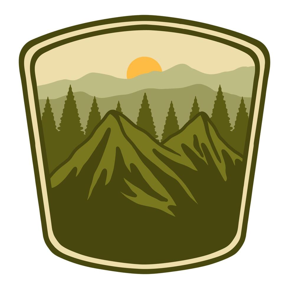 ILLUSTRATION MOUNTAIN DREAMER WITH BEAUTIFUL LANDSCAPE SUNRICE BADGE DESIGN vector
