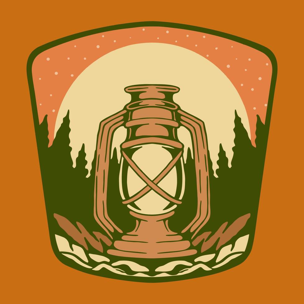EXPLORE THE NIGHT LANTERN CAMPING OUTDOORS LOGO DESIGN ILLUSTRATION vector