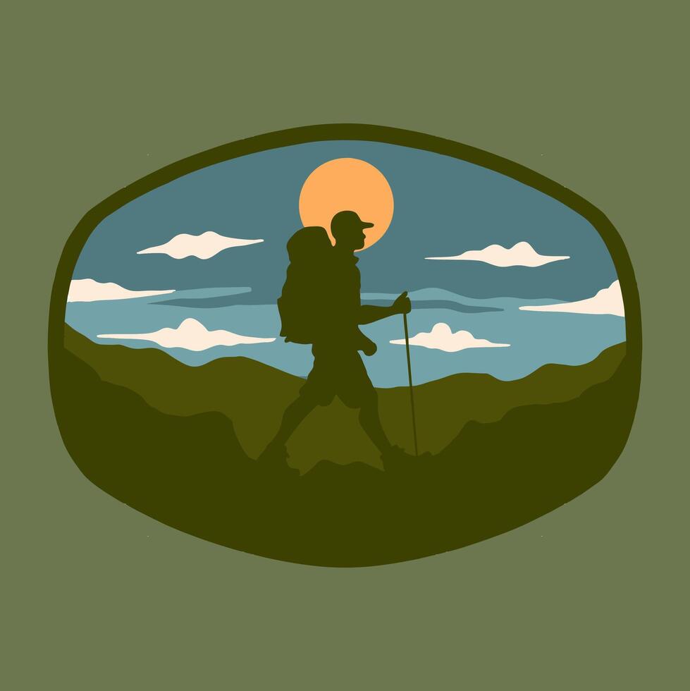 EXPLORE THE MOUNTAIN HIKING MOUNTAIN OUTDOORS LOGO DESIGN ILLUSTRATION vector