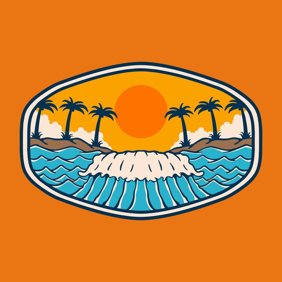 SUMMER SUNSET ON THE OCEAN BADGE LOGO DESIGN ILLUSTRATION vector