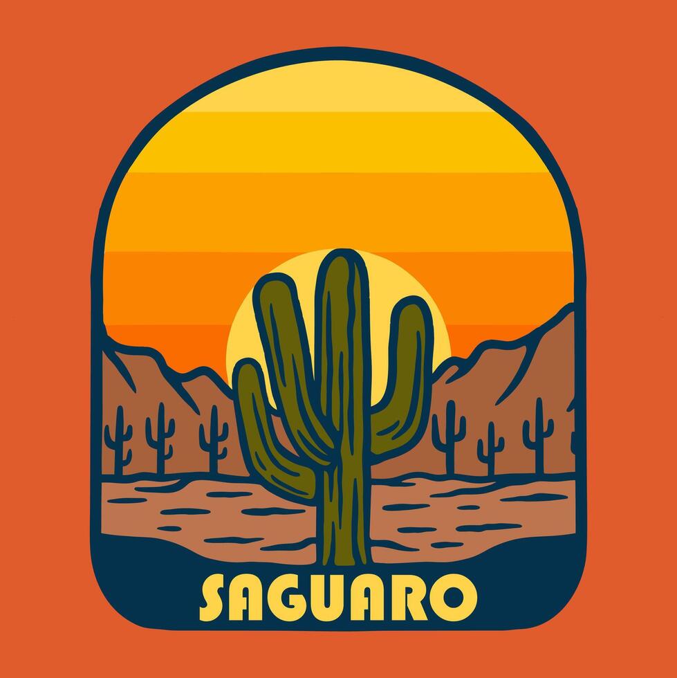 SUNSET ON SAGUARO NATIONAL PARK BADGE LOGO DESIGN ILLUSTRATION vector