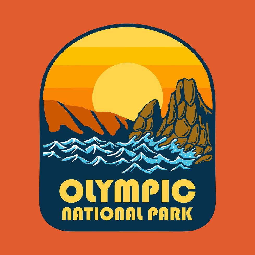 SUNSET ON OLYMPIC NATIONAL PARK BADGE LOGO DESIGN ILLUSTRATION vector