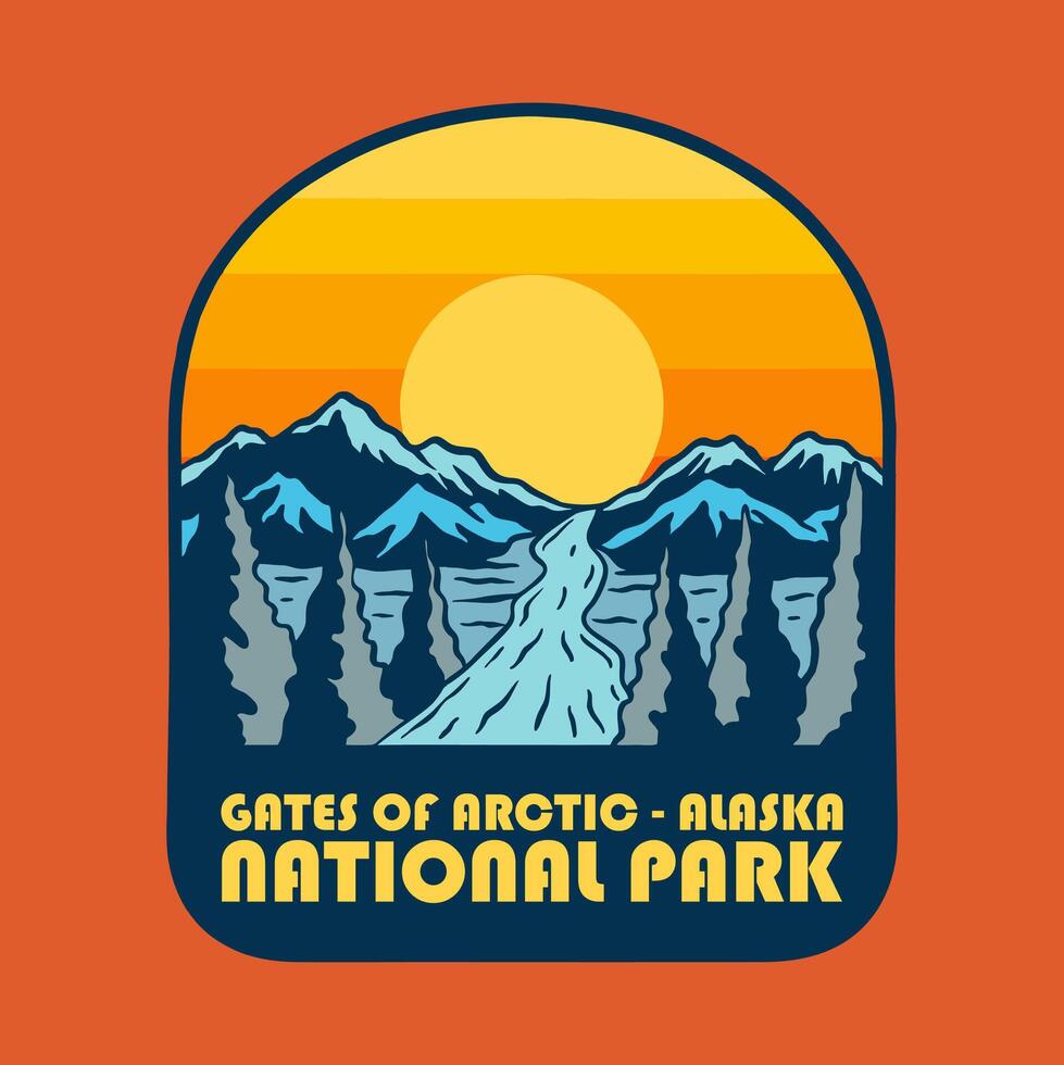 SUNSET ON GATES OF ARCTIC - ALASKA NATIONAL PARK BADGE LOGO DESIGN ILLUSTRATION vector