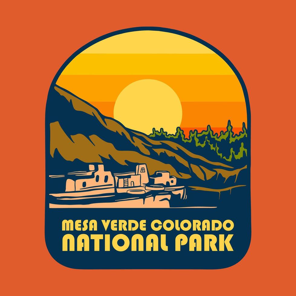 SUNSET ON MESA VERDE COLORADO NATIONAL PARK BADGE LOGO DESIGN ILLUSTRATION vector