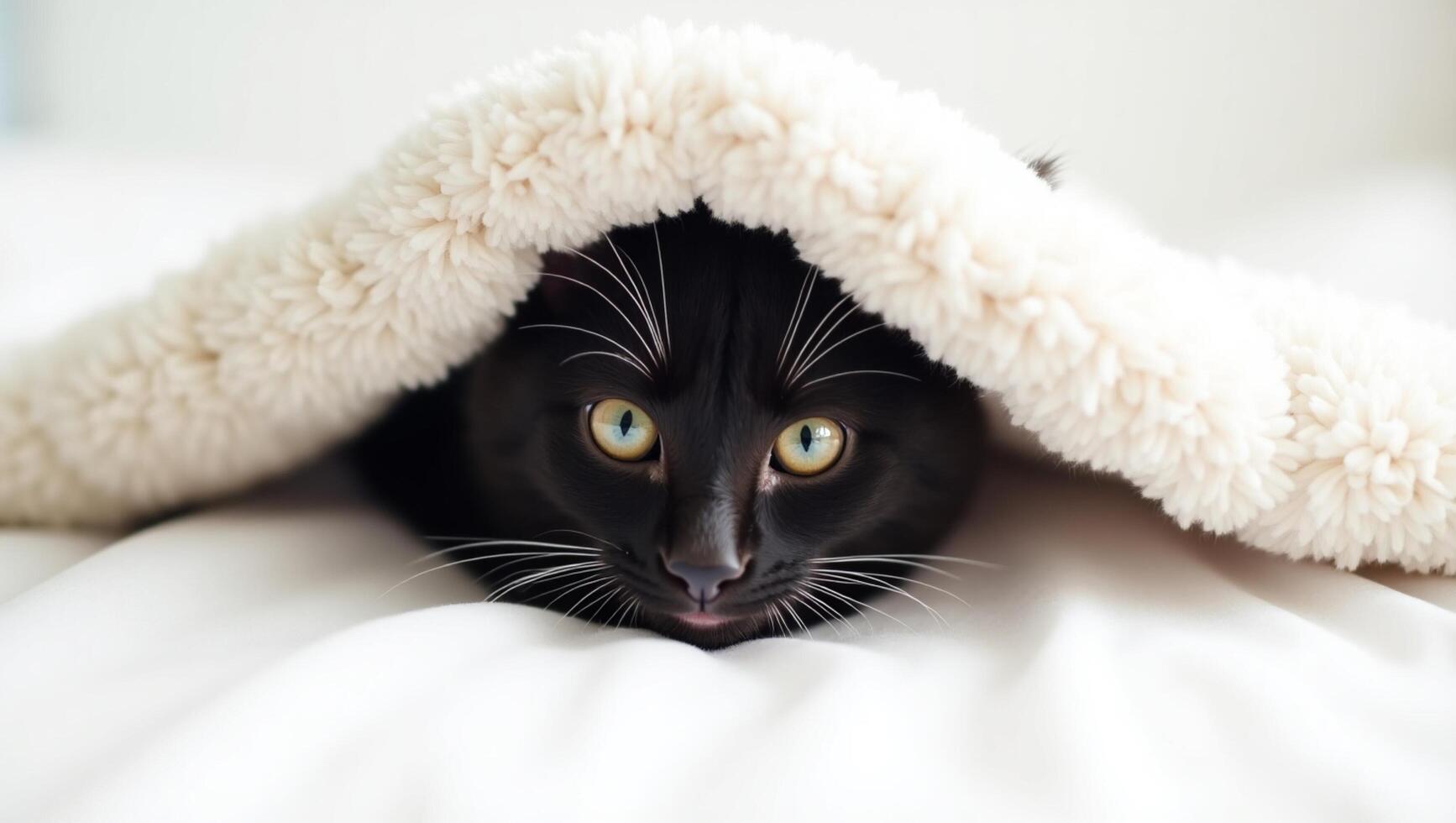A black kitten peeks out from under a white blanket photo