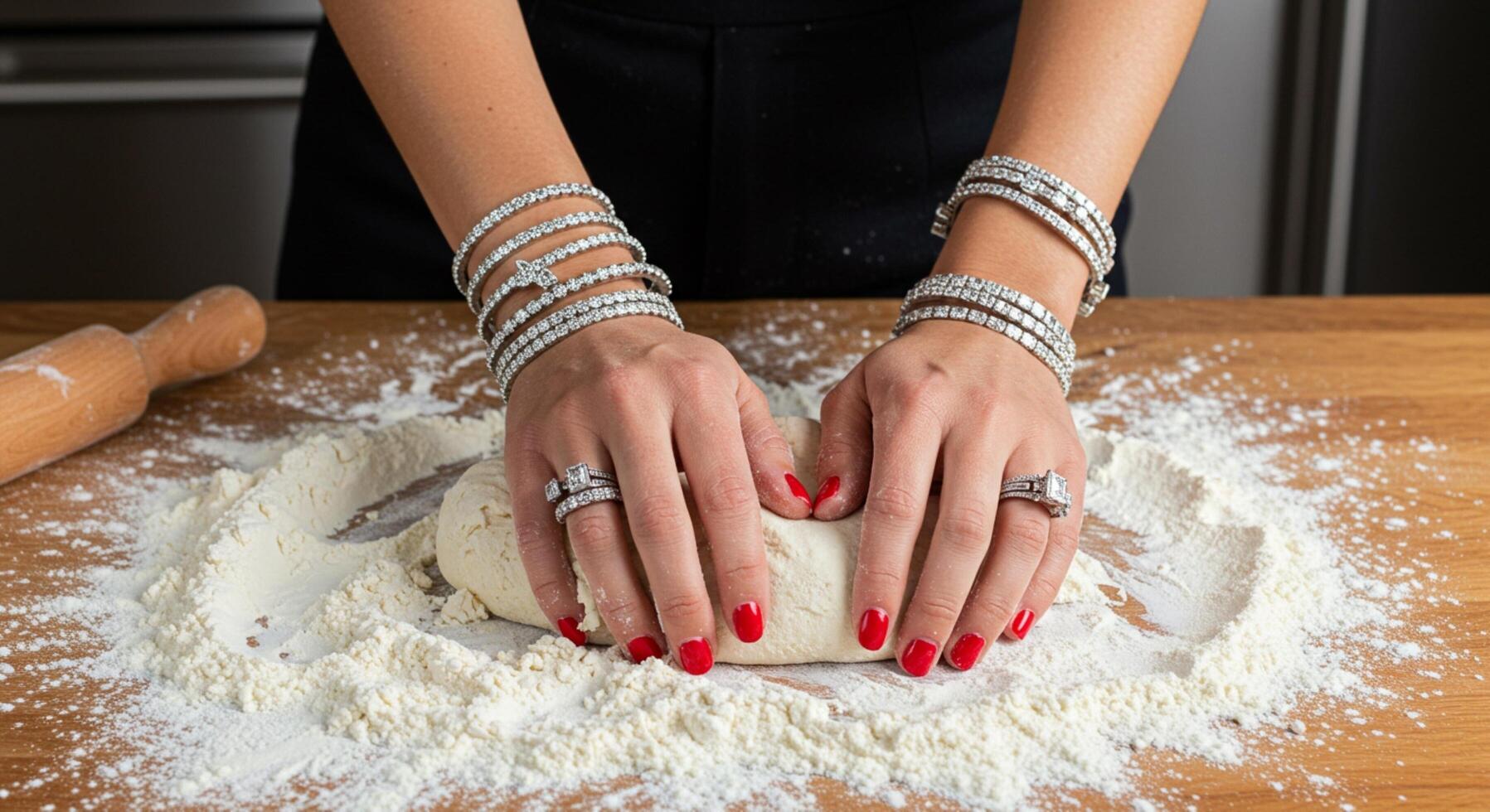 Woman's hands with silver rings and bracelets knead dough photo