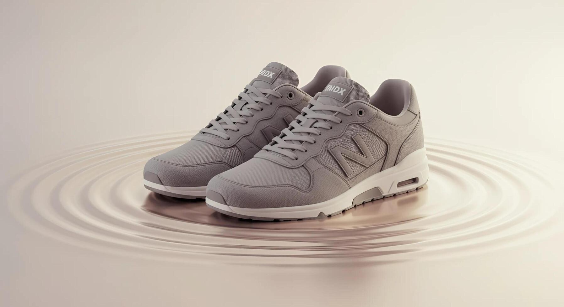 A pair of gray sneakers featuring a clean and modern design with a white sole, offering a casual yet stylish look perfect for everyday wear and versatility photo