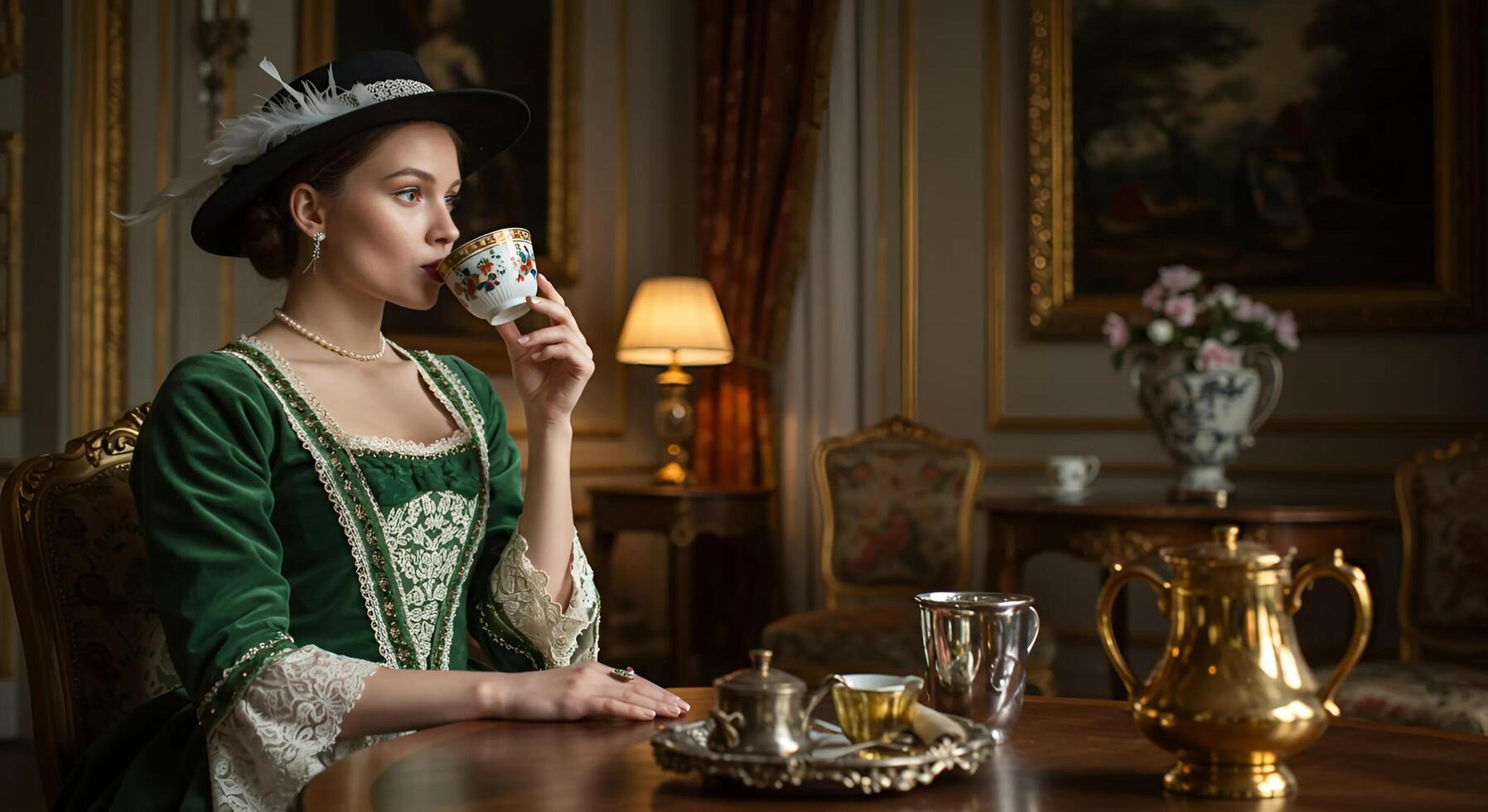 A woman dressed in an elegant 18th-century gown and elaborate hat, sipping coffee at a table, with her attire reflecting the opulence of the period and the calm, refined atmosphere of the scene photo