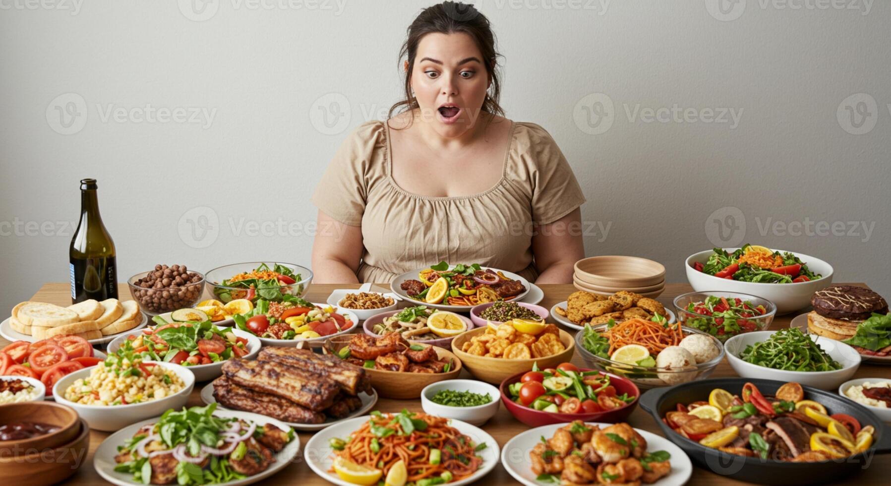 A woman sitting at a table full of various dishes, enjoying a meal in a warm, inviting atmosphere. photo