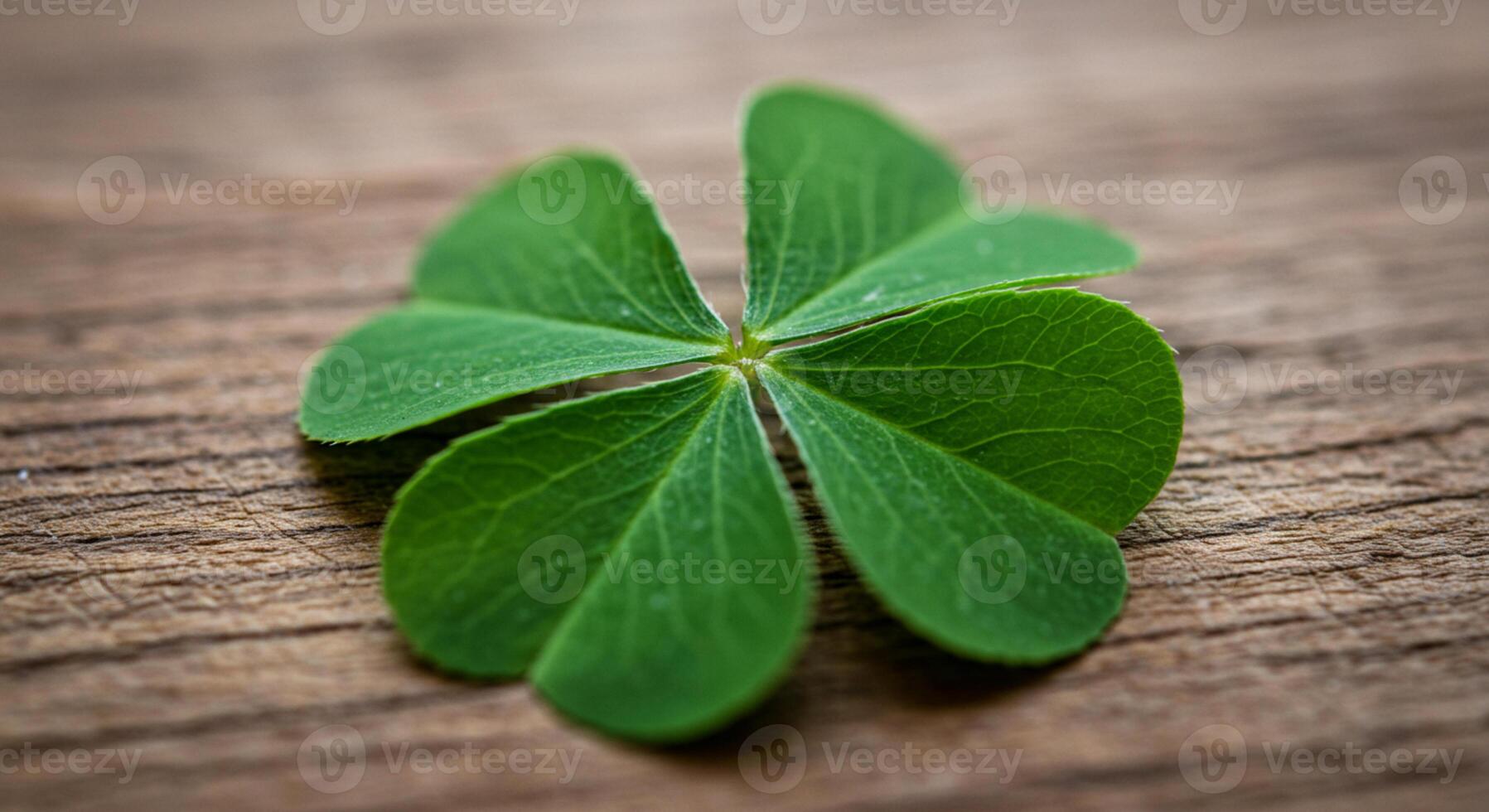 A lucky four-leaf clover placed on a rustic wooden table, symbolizing good fortune and nature's charm in a simple yet meaningful setting photo
