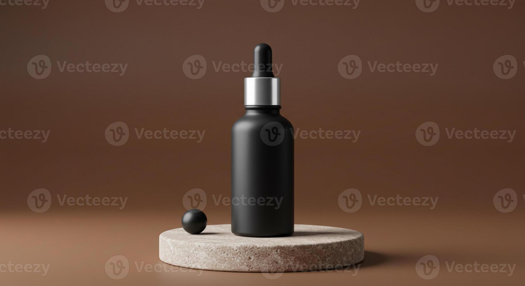 A spa still life featuring a sleek black cosmetic bottle, surrounded by natural elements, set against a rich brown background, exuding warmth and elegance photo