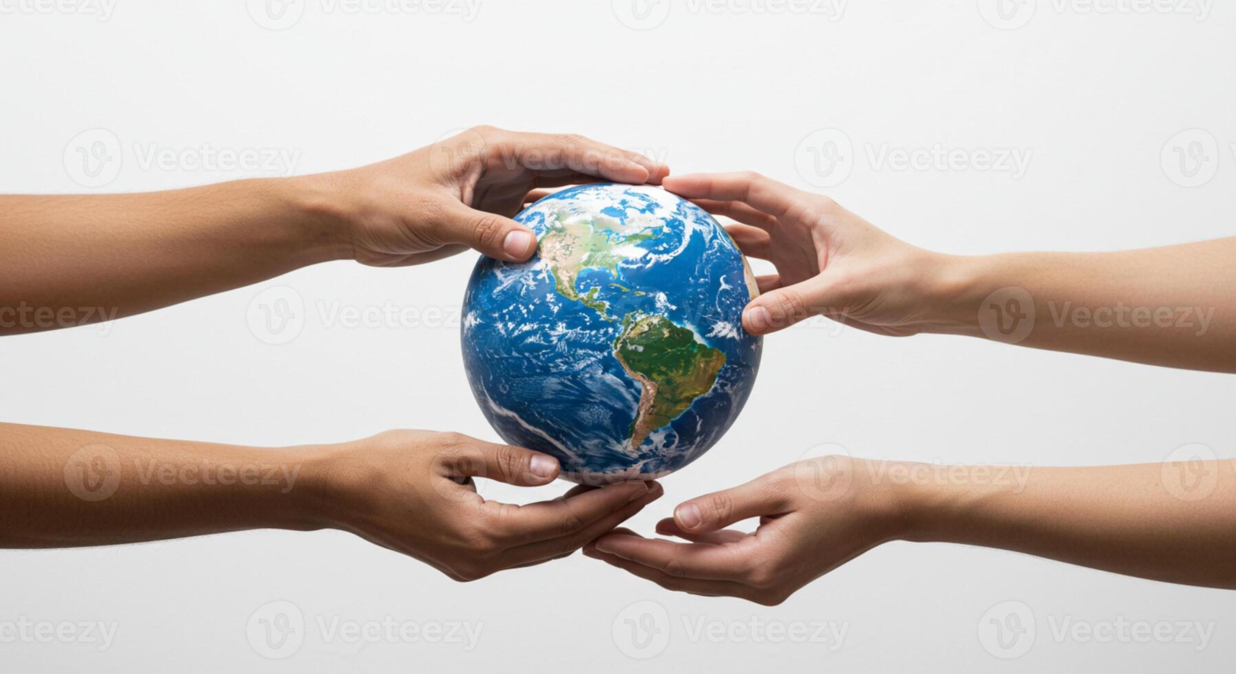 Human hands gently holding a mockup of the Earth photo