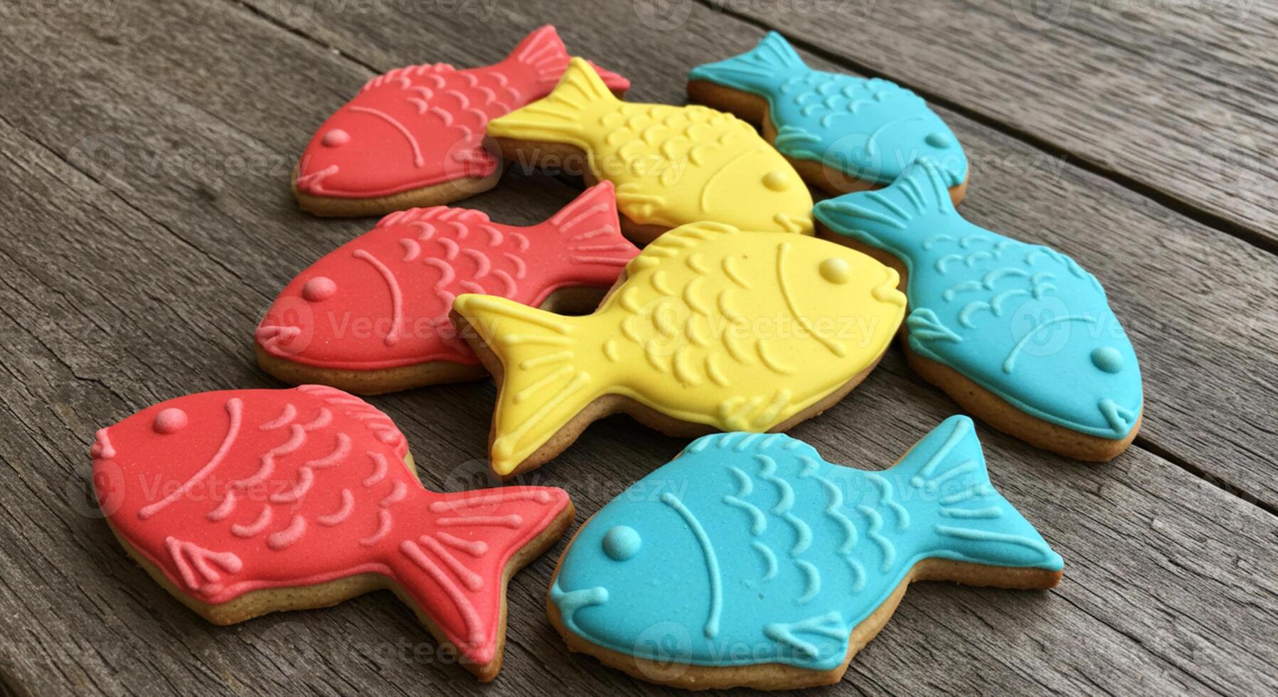 Multi-colored cookies shaped like April Fool's fish, decorated with vibrant icing. photo