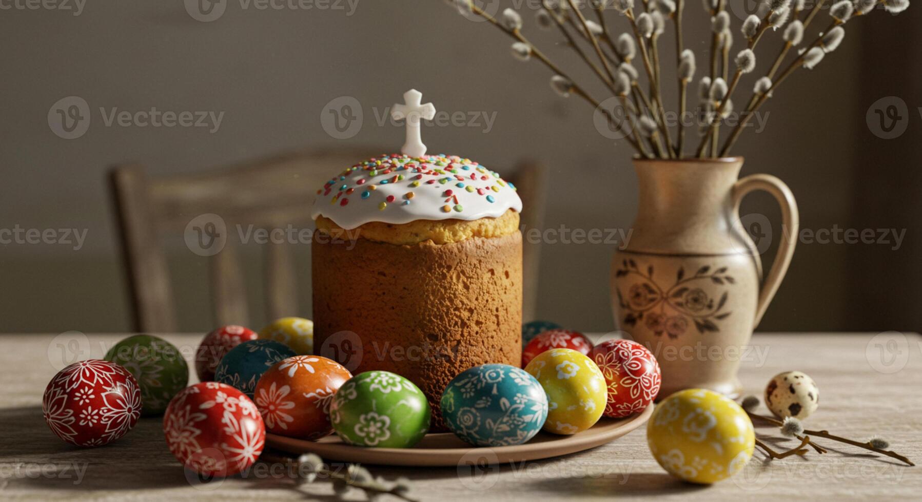 Easter table setting featuring a festive Easter cake, decorated eggs, and willow branches. photo