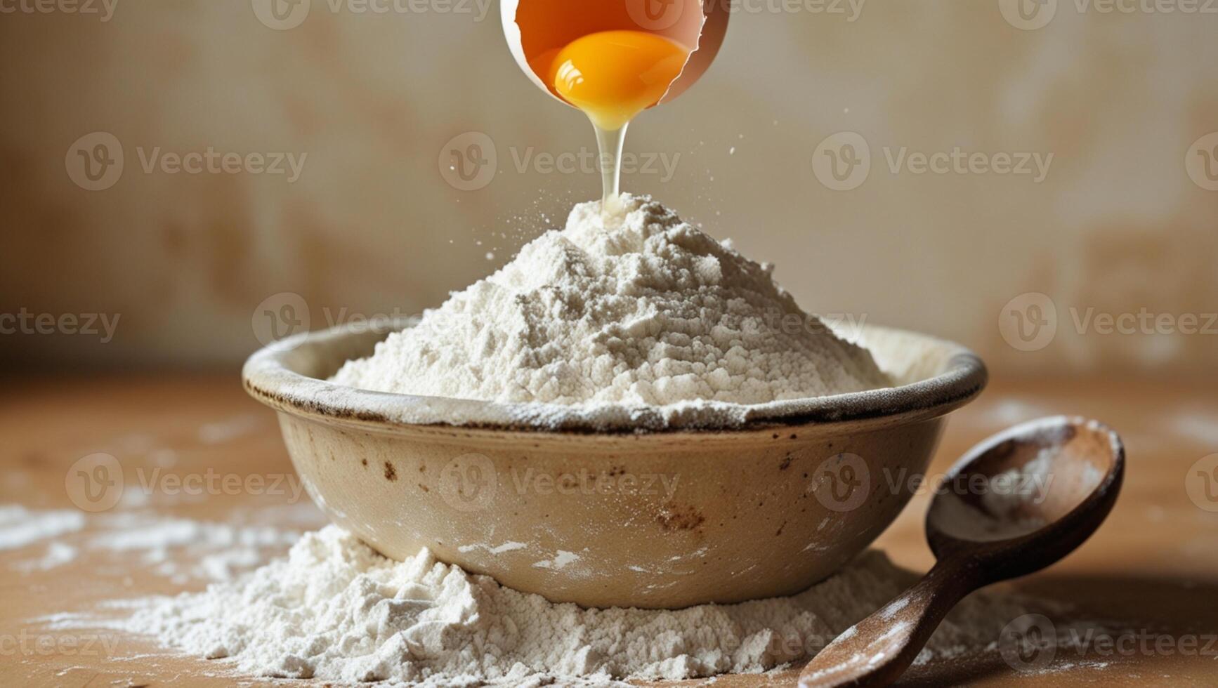 Adding eggs to flour to knead dough photo
