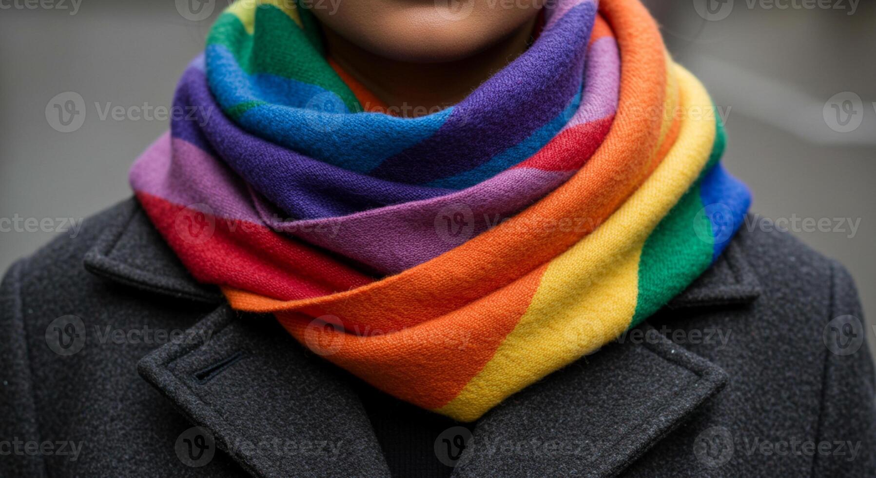 A man wearing a vibrant rainbow scarf, wrapped warmly around his neck. photo