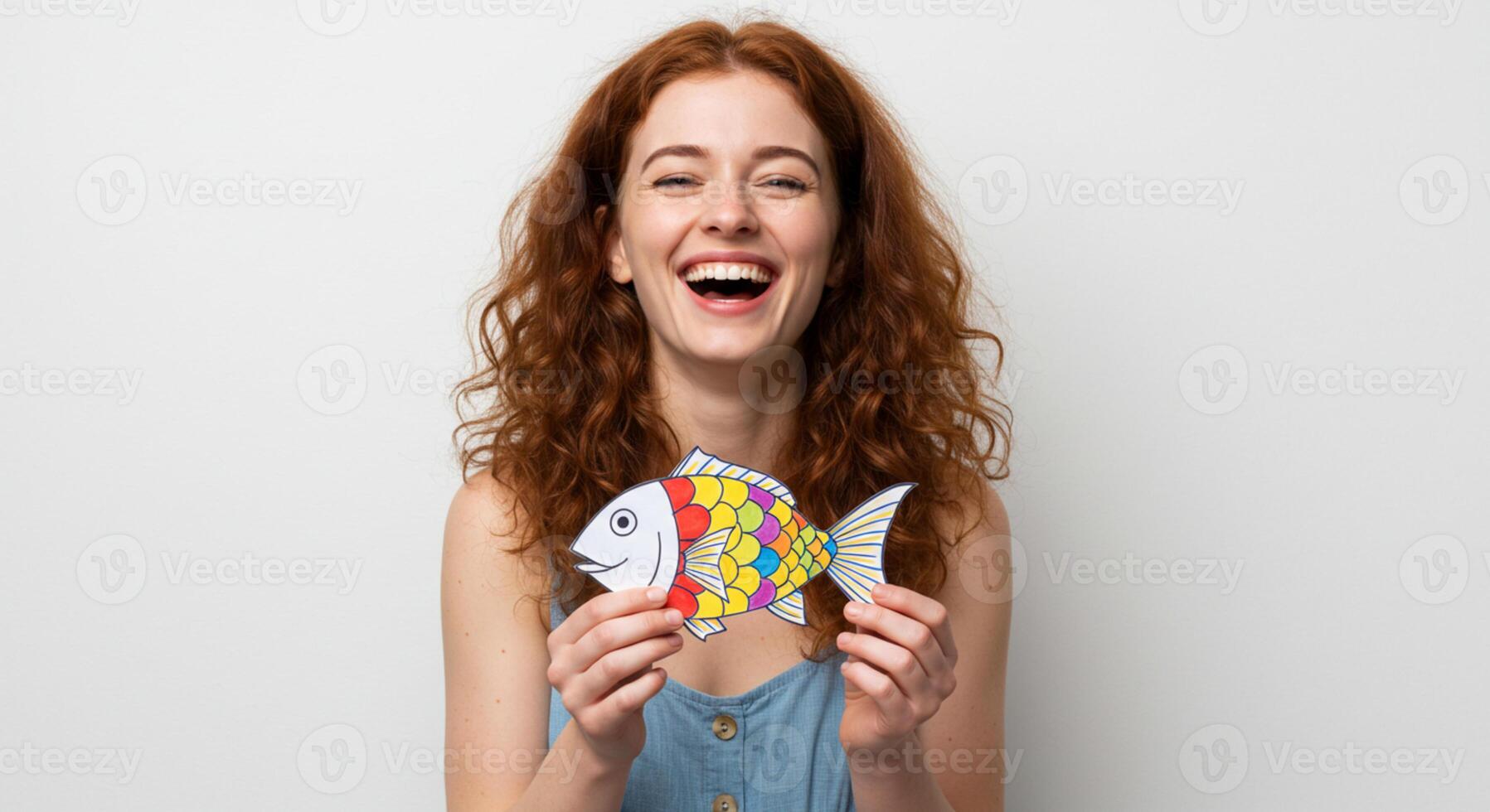 A young woman laughing while holding an April fish in her hands, enjoying a playful moment. photo