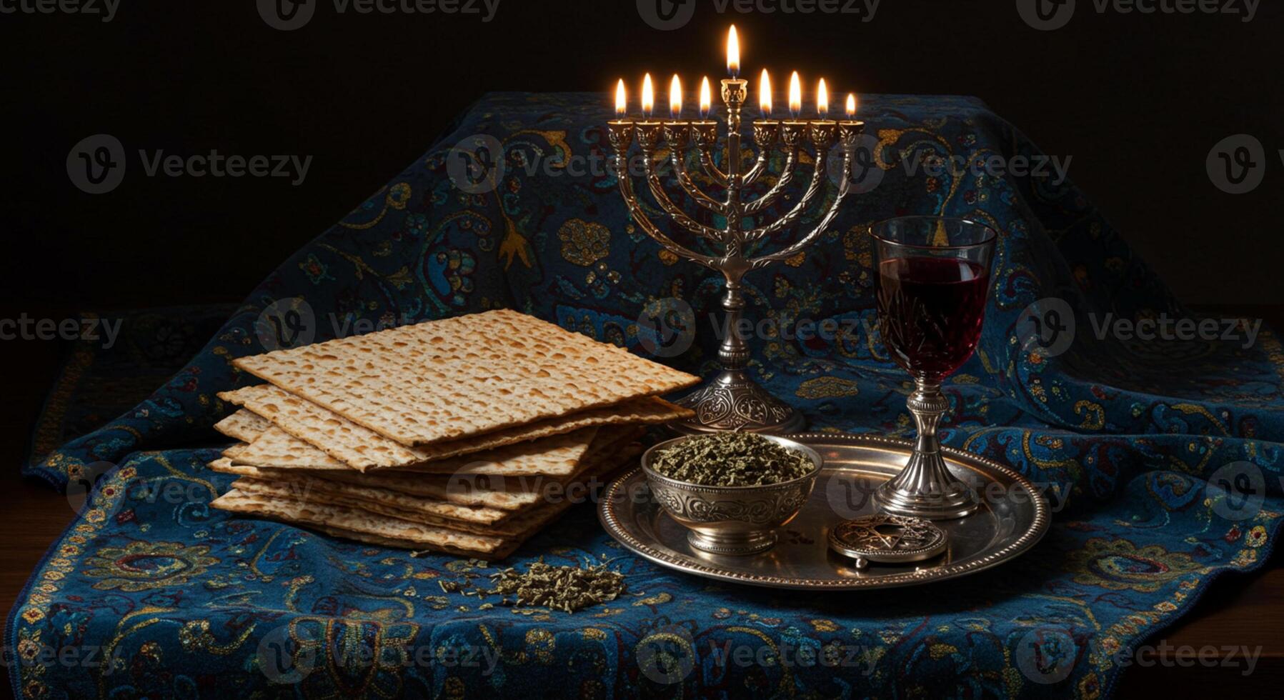 A menorah and matzah placed on a table, symbolizing the Jewish celebration of Passover with traditional elements. photo