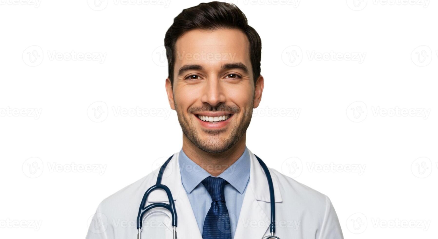 A male doctor in a white coat looks confident and professional, representing expertise in healthcare. photo