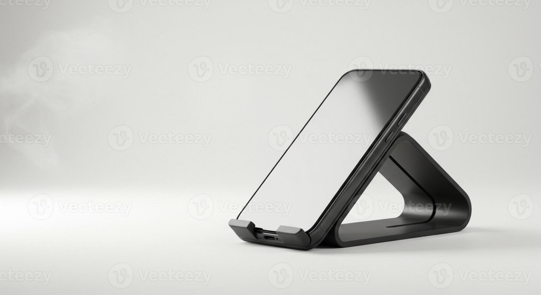 A mobile phone placed on a stand, positioned at an optimal viewing angle on a clean surface. photo