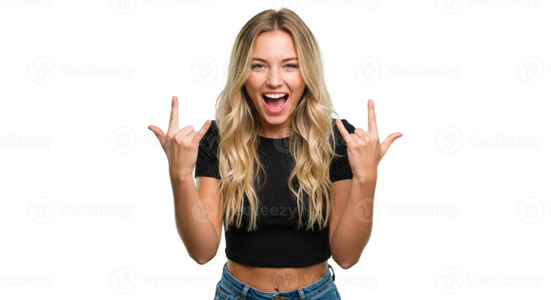 A young woman confidently shows the heavy metal sign, expressing bold attitude and rock spirit. photo