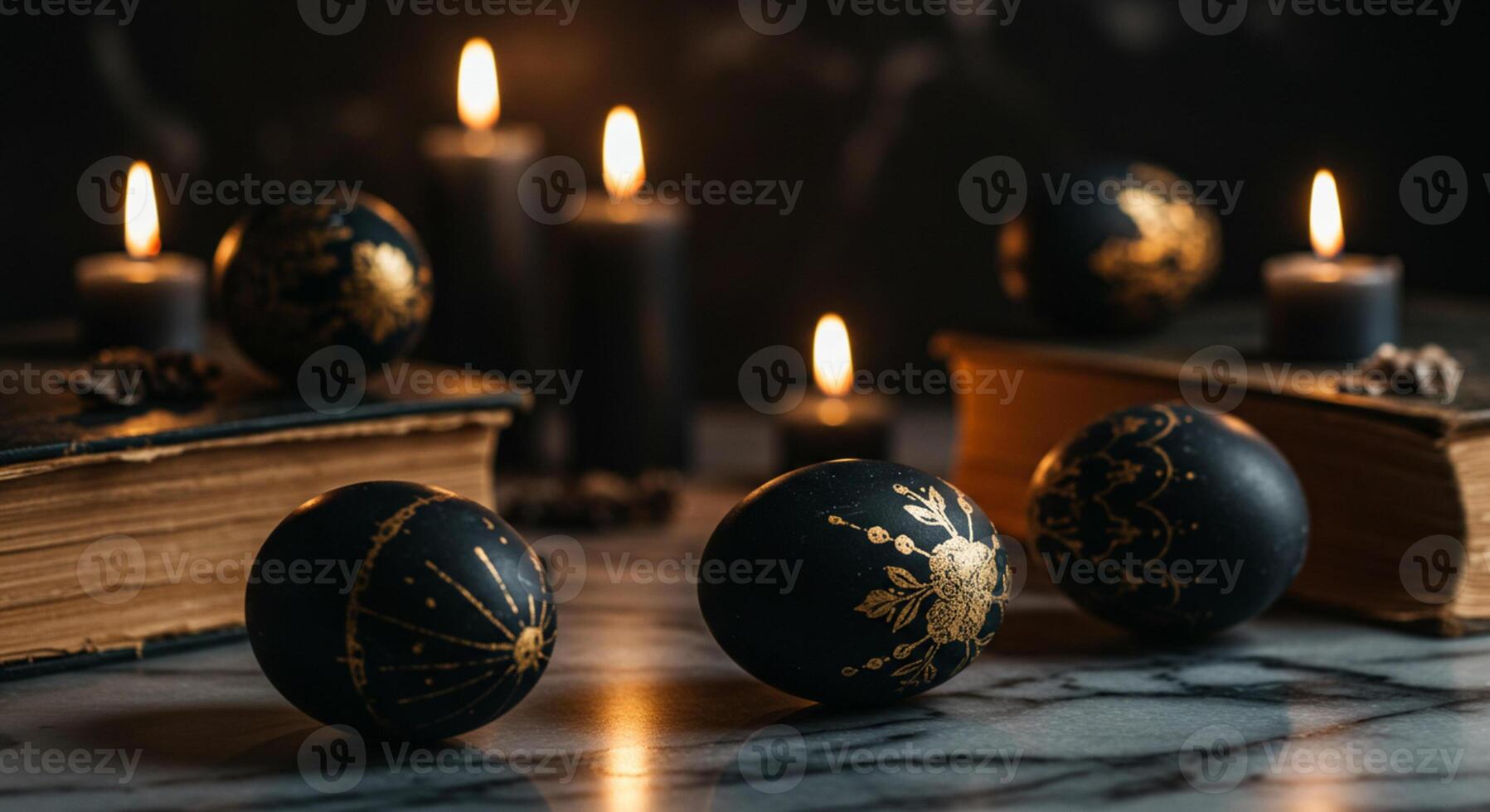 Elegant black Easter eggs with a matte and glossy finish, arranged on a minimalistic background for a modern festive aesthetic photo