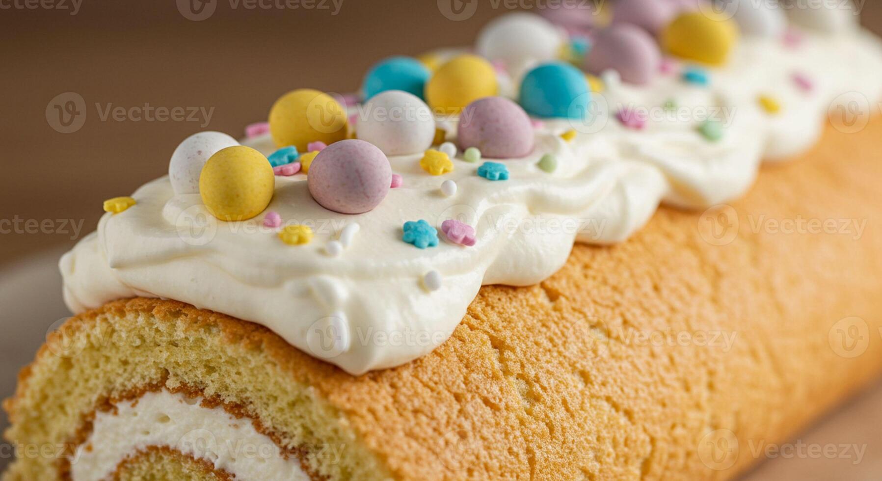 Festive cake roll topped with sweet sprinkles photo