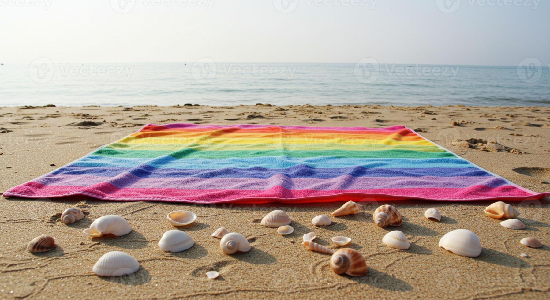 Colorful beach throw spread on sand photo