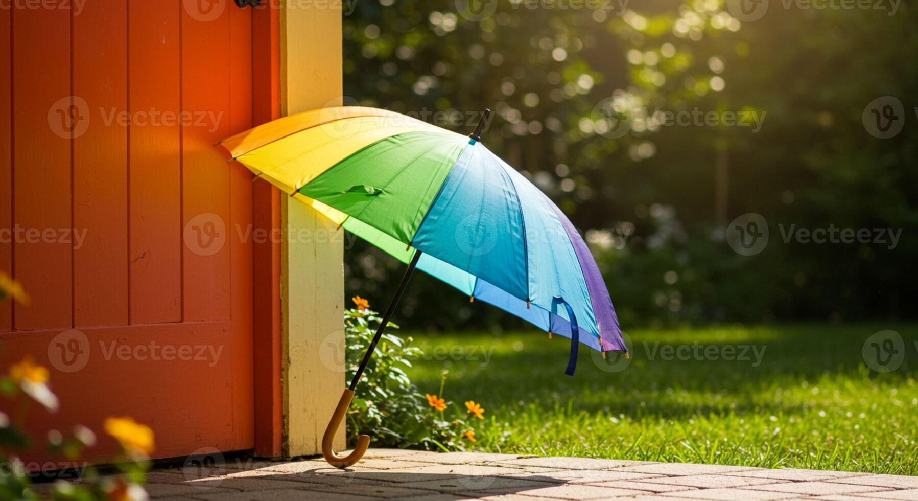Colorful umbrella with bright rainbow panels photo