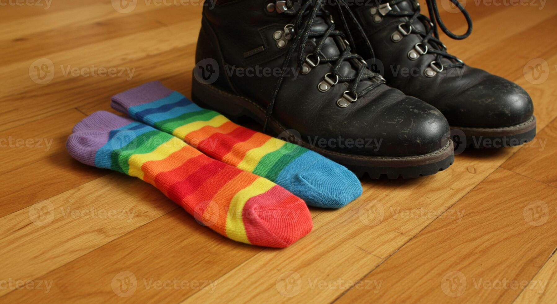 Colorful socks peeking from sturdy boots photo