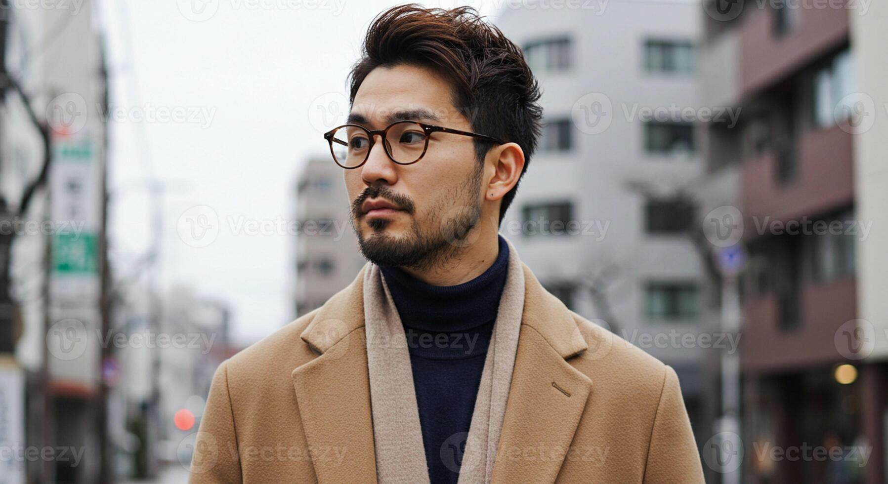 Young Man with Beard and Glasses in City photo