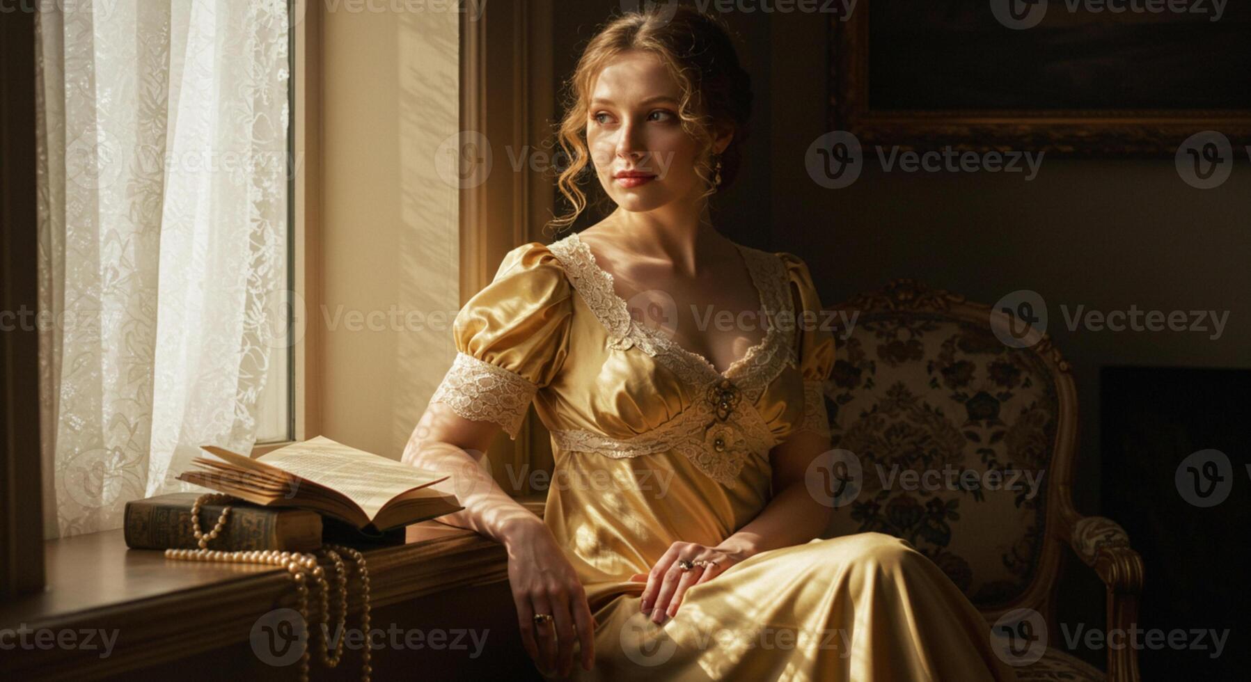 Young Woman from the Past Century Sitting by Window with Book photo