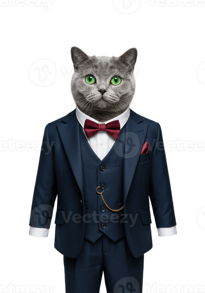 Gray Cat in Suit and Bow Tie on Transparent Background png