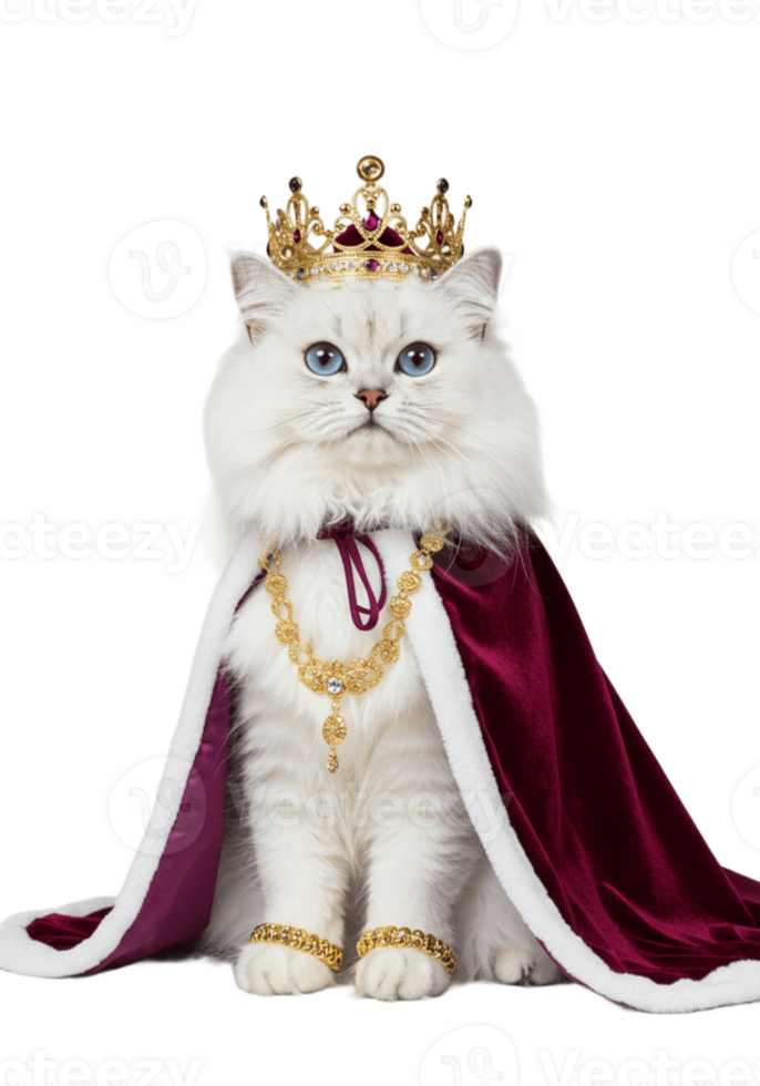 White Royal Cat with Crown and Cape on Transparent Background png