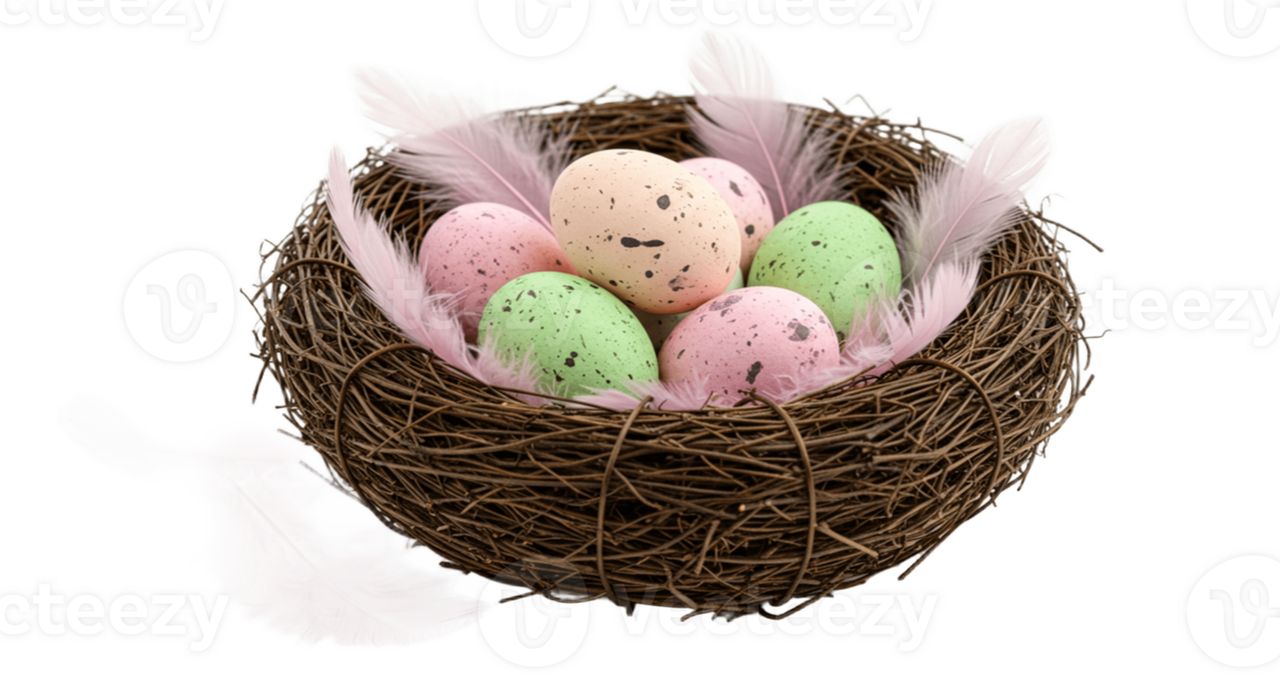 Colorful Easter eggs in a basket with feathers, isolated png