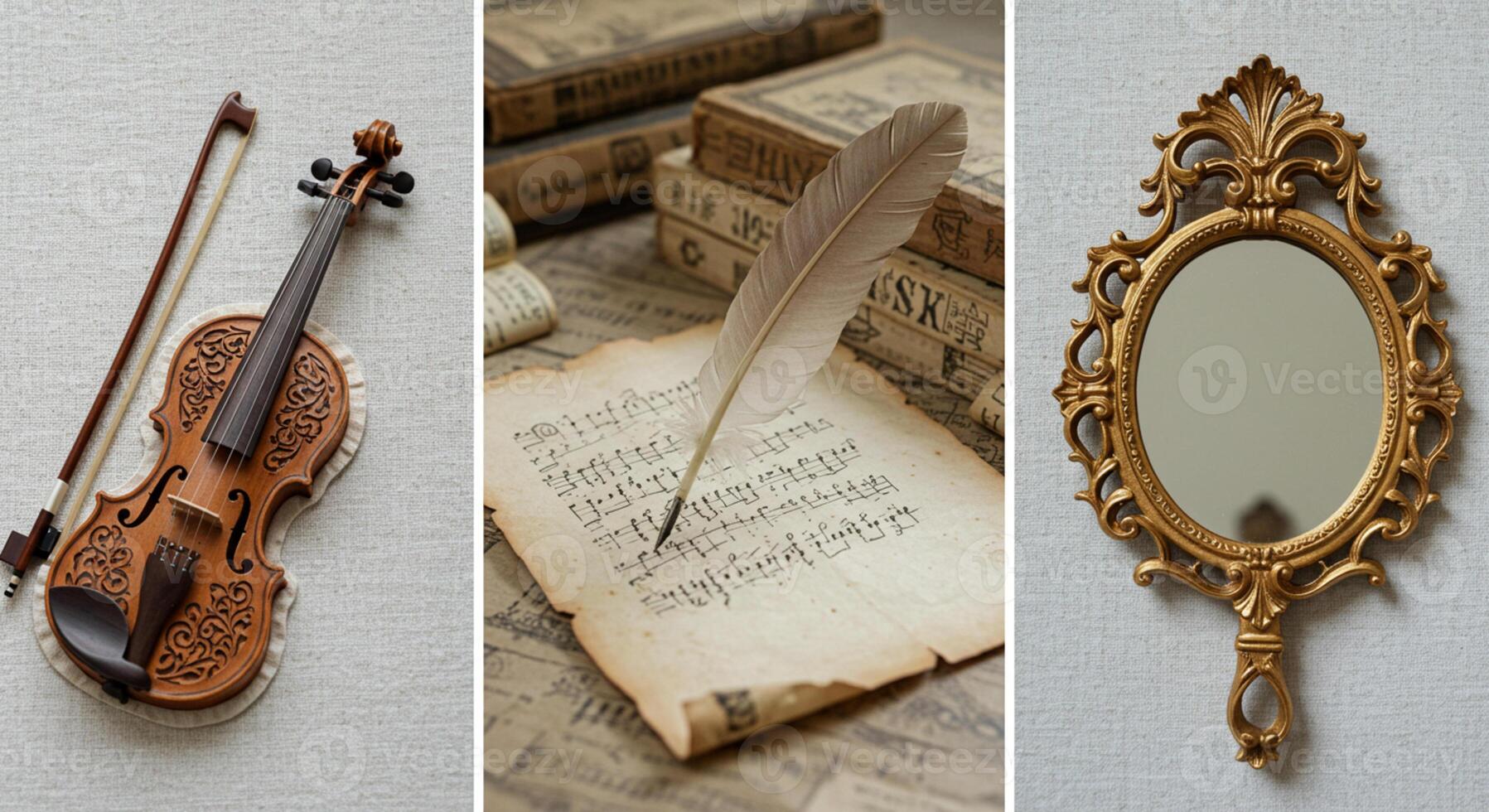 Fabric collage with violin, quill, and ornate mirror photo