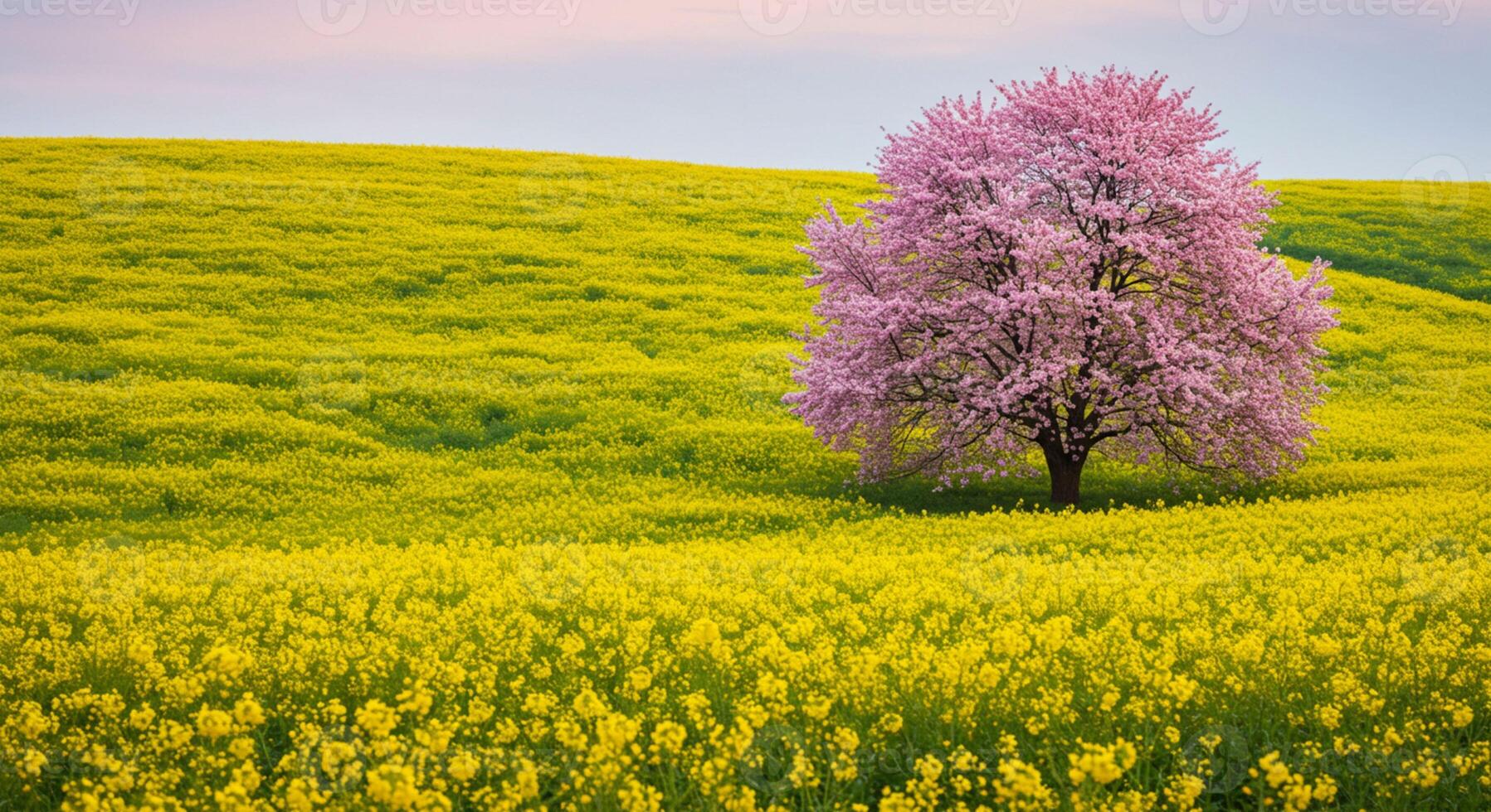 Tree with Pink Canopy in Yellow Flower Field photo
